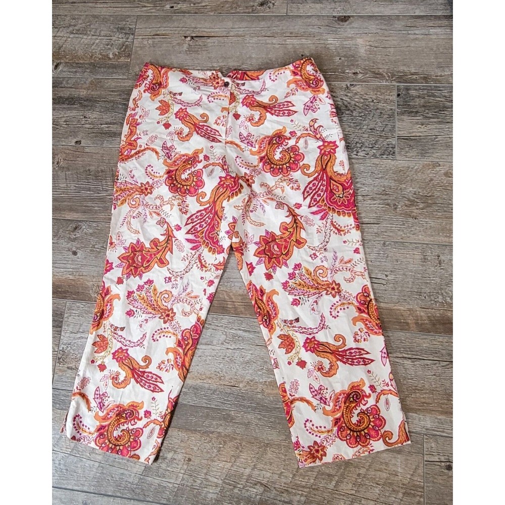 Liz‎ Claiborne Silk Linen Pants Size 16P Women's Cropped Floral Paisley Feminine